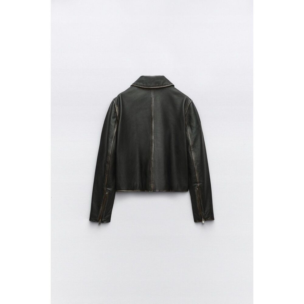 Black Brown Zara 100% Leather Distressed Vintage-Look Zipper Moto Jacket (NWT) - Picture 9 of 10